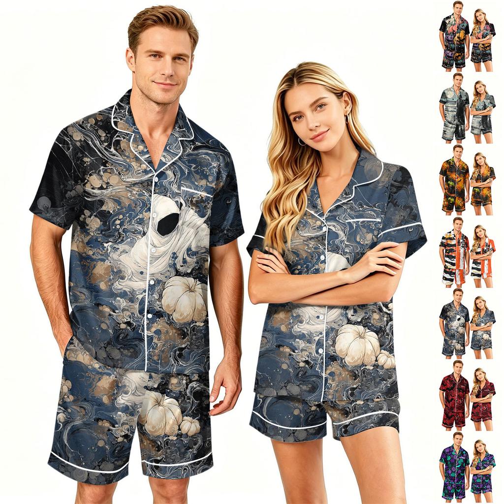 Couple Matching Halloween Pajama Set Short Sleeve Button Down Shirt with Hem and Shorts Set Soft Casual Sleepwear S To XXXXL