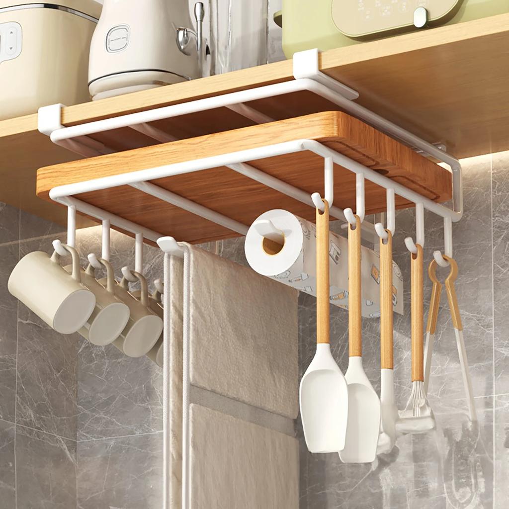 Installation-free Kitchen Cabinet Under Shelf No-Punch Large Capacity Storage Board Pot Cover Holder Towel Tissue Storage Rack