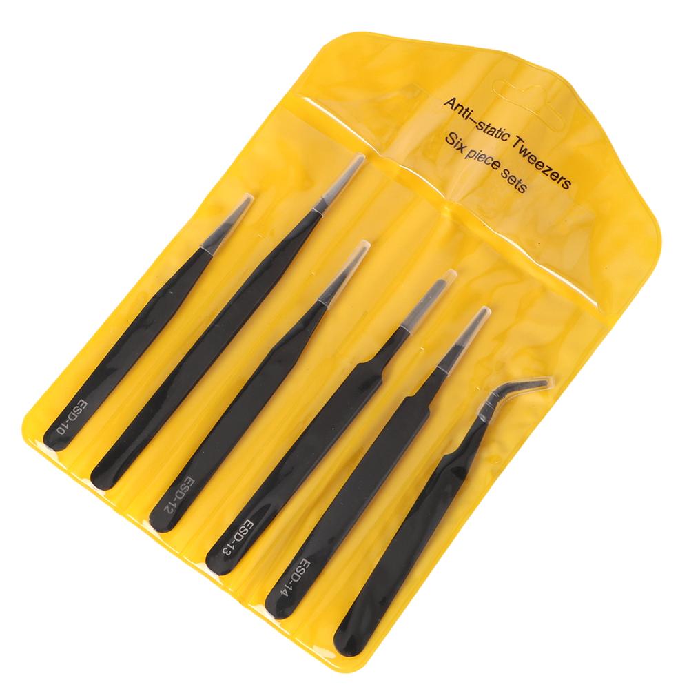 Stainless Steel Curved Straight Tip 6Pcs/Set Tweezers Set Anti Static for Watch Jewelry Mobile Phone Electronics Industrial Repair Tweezers Precision