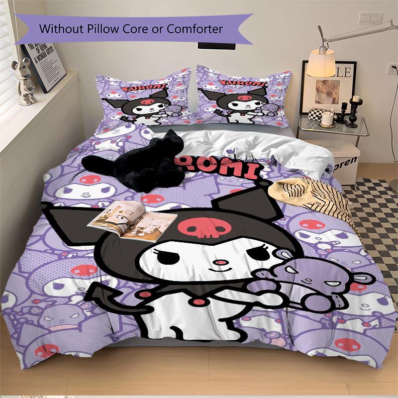 3pcs Sanrio Kuromi Quilt Cover Set (1 Quilt Cover + 2 Pillowcases Without Pillow Core), High-Definition Printing for Home and Dormitory.S075