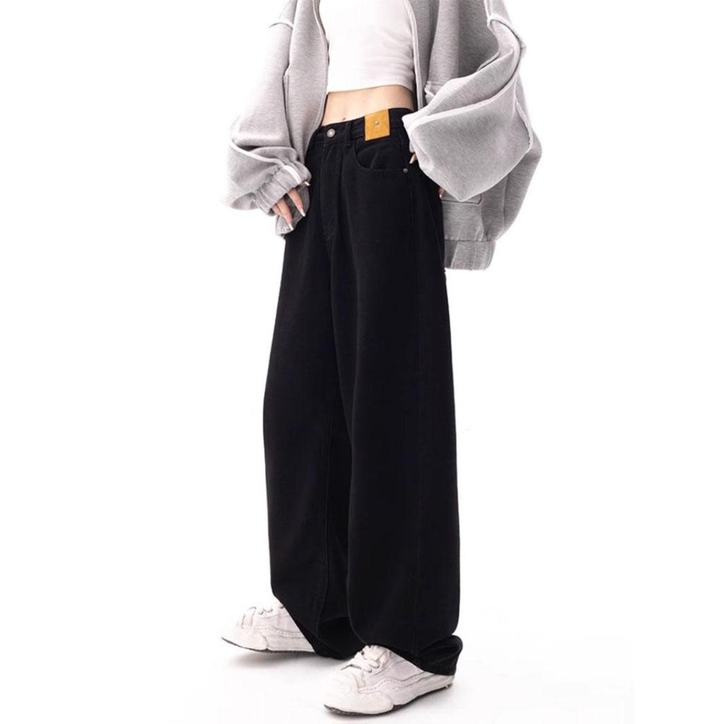 Černé volné rovné džíny dámské korejská móda streetwear vysoký pas široké nohavice džínové kalhoty dámské volné mopovací džínové kalhoty