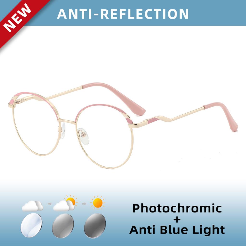 EYORA Fashion Metal Round Full Rim Reading Glasses Anti Blue Ray Myopia and Hyperopia Photochromic Prescription Eyewear Lens