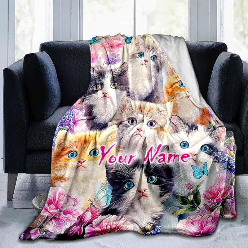 1PC Custom Name Kittens Butterflies Flowers Flannel blankets Patterns Throw Blanket All-Season Soft Gift for Couch, Bed, Camping gifts