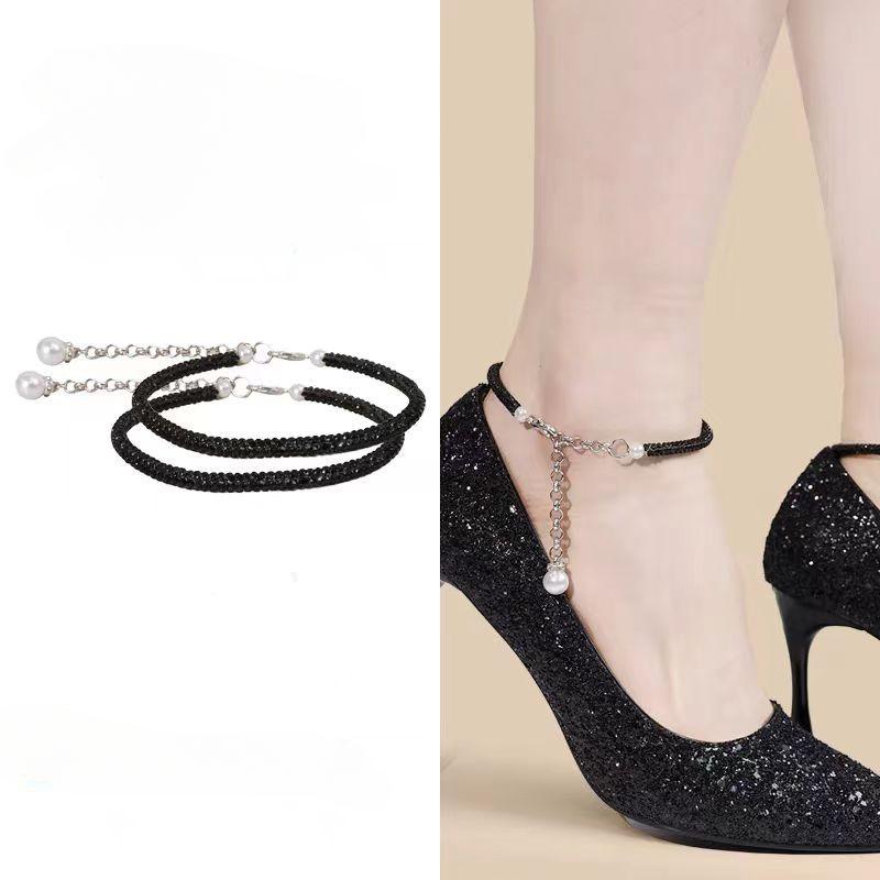 

Свободный противоскользящий ремень-цепочка на высоком каблуке со стразами, регулируемый ремень для обуви, удерживающий эластичный ремень для обуви, аксессуары чёрный