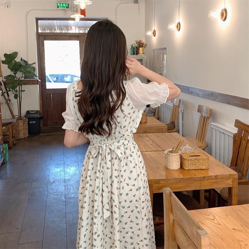 Bubble sleeve splicing floral dress summer new waist fungus edge square neck short sleeve medium and long dress women's clothing