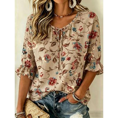 Women's Beige Multicolor Floral Print Tie Neck Blouse, Casual Loose Tops for Spring Summer Daily Wear & Vacation Occasions