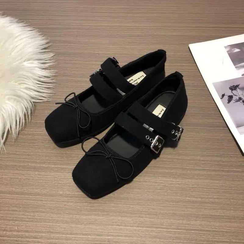 Fashion IPPEUM Velvet Mary Janes Shoes Women Ballet Flats Square Toe Rose Red Buckle Ballerinas Zapatos Mujer