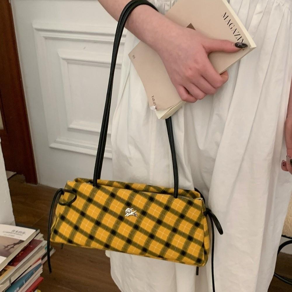 Retro Striped Plaid Shoulder Bags Simple Style Long Strap Underarm Bag Zipper Bow Handbags  Women
