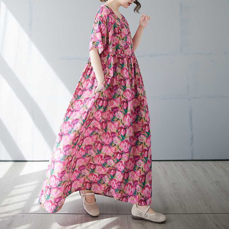 

Women s Simple and Fashionable Long Skirt Summer Short Sleeved Round Neck Printed Dress One size