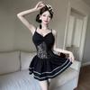 Small sexy backless V-neck suspender dress women's summer lace stitching waist and thin ruffle edge short skirt