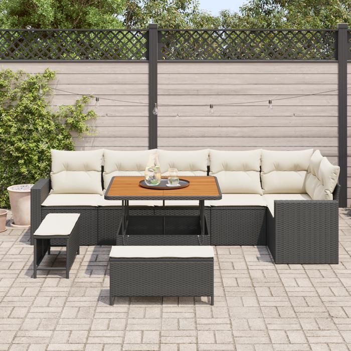 Canapé de Jardin 9 Pièces vidaXL avec Coussins Rattan Poly Noir, Ensemble Salle à Manger de Jardin 3 Pièces vidaXL361625