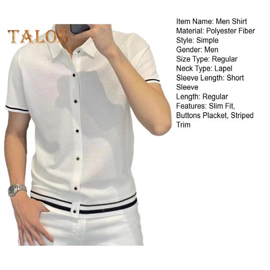 Men Shirt Lapel Short Sleeve Buttons Placket Shirt Tops with Stripes Trim Breathable Summer Casual Shirt
