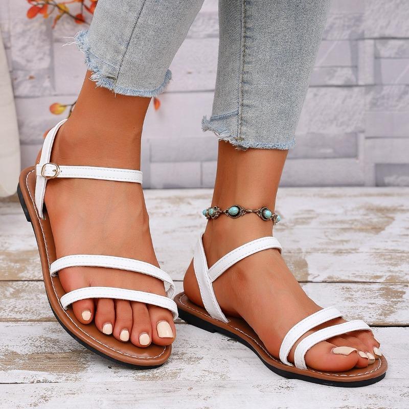 Flat-soled sandals women's summer new round head open-toe one-word buckle belt fashionable large-size women's shoes