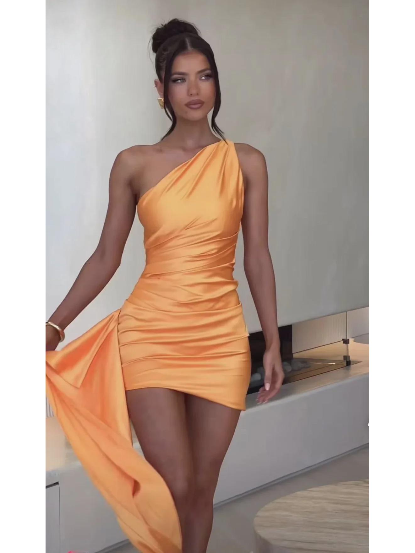 

Женское летнее платье на одно плечо высшего качества — элегантный европейский и американский стиль для шикарных свиданий Large оранжевый