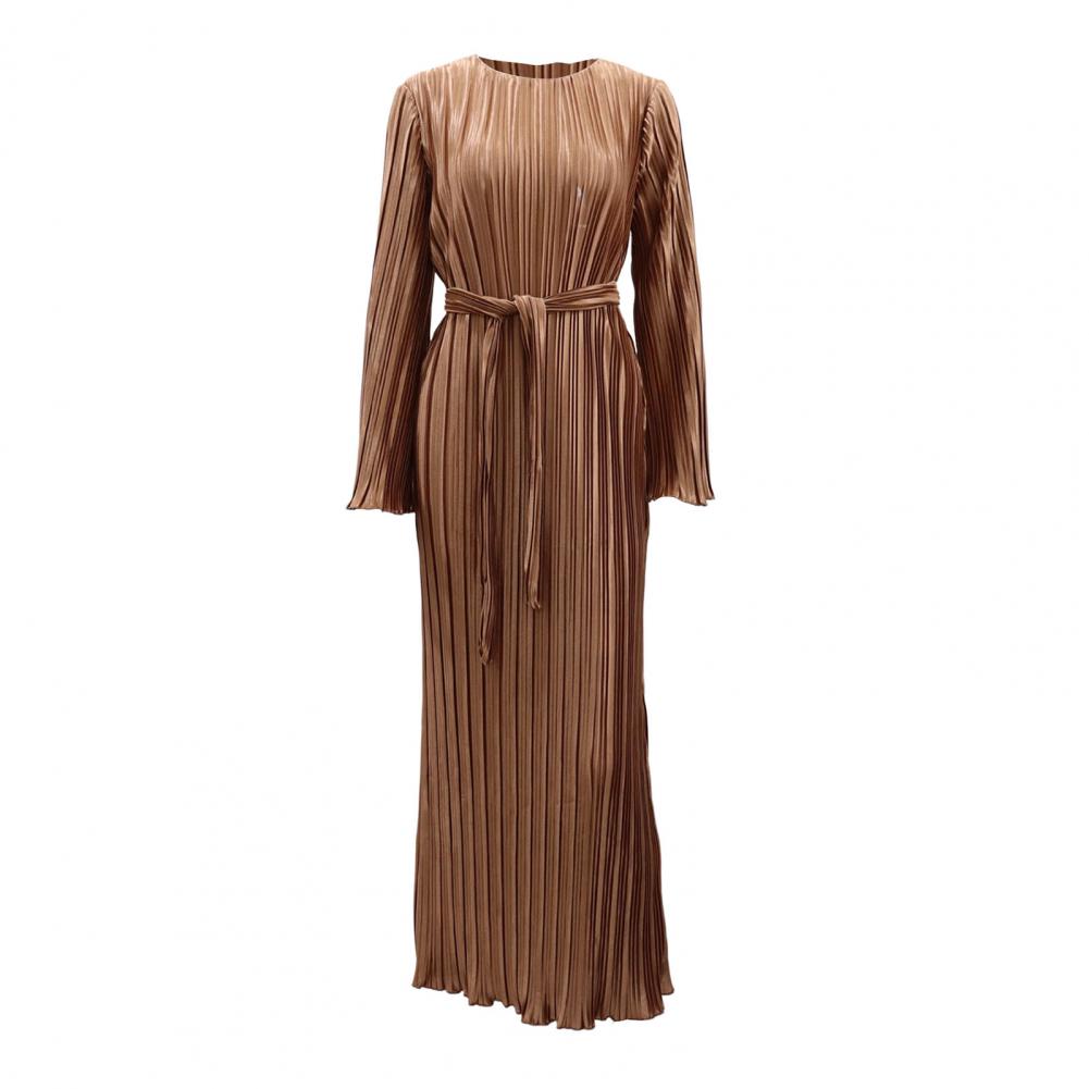 Autumn Spring Women Dress Bell Sleeves Round Neck Striped Pleated Solid Color Slim Fit Lace-up Strap Shirring Edge Prom Party Ma