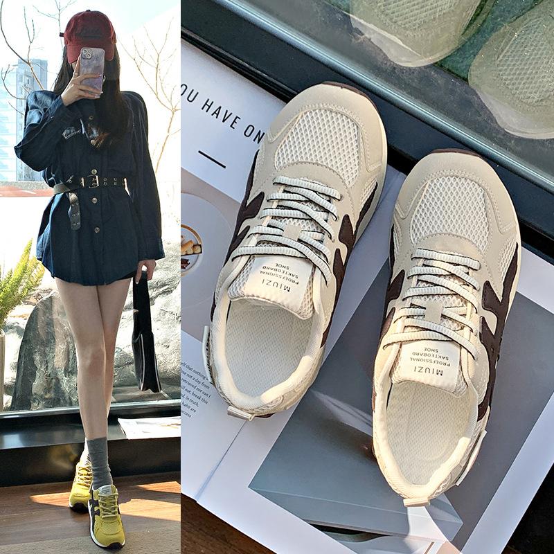Women's Shoes 2025 Spring New Spring Round Head Lace-up Mesh Breathable Flat Bottom College Student Mesh Sports and Leisure Shoes
