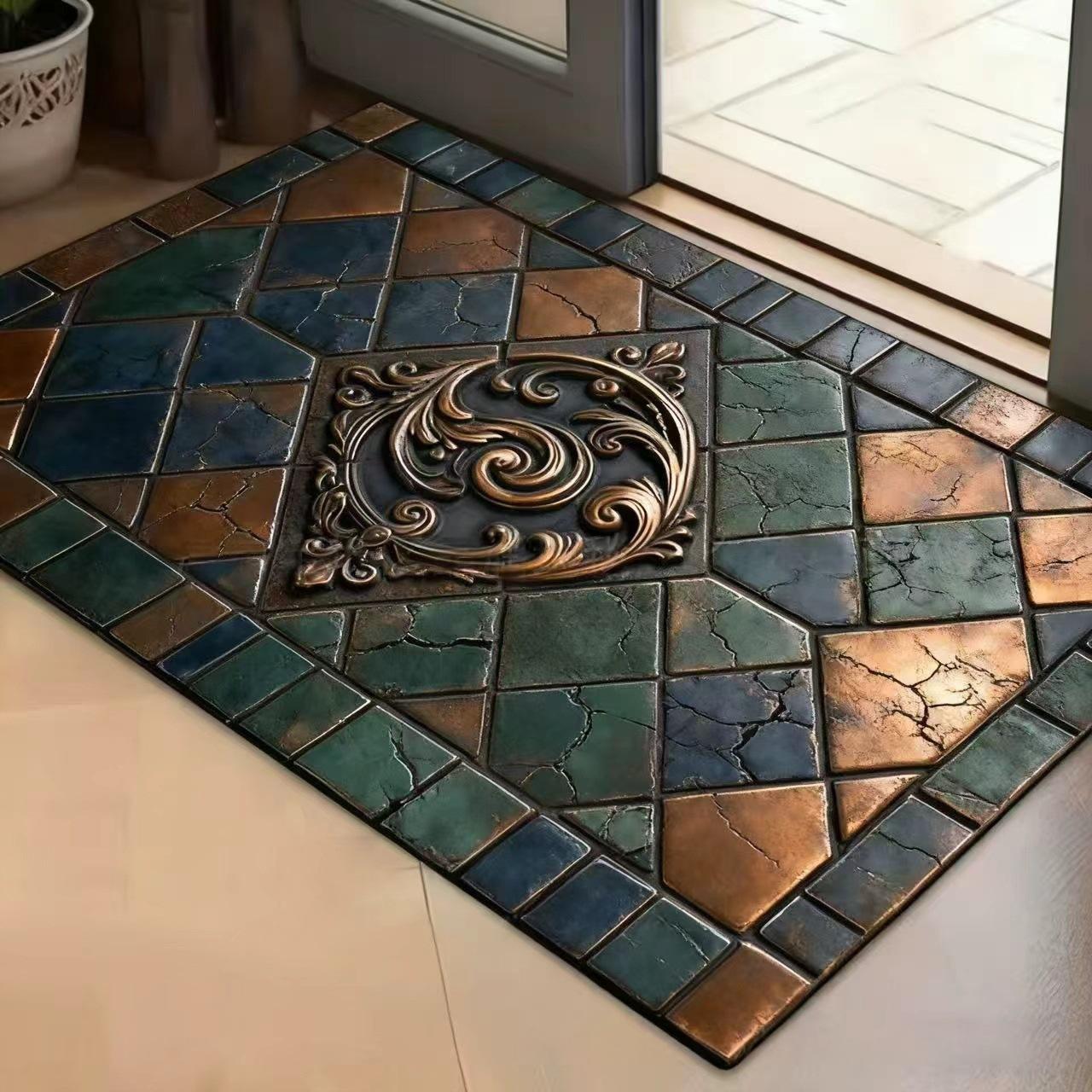Moroccan Style Tile Print Doormat, Geometric Beige Grey Non-Slip Entryway Rug Door Mat Kitchen Mat Floor Mat Door Mat Entrance 40cm x 60cm