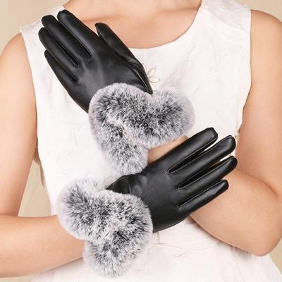 Warm Gloves Women's Leather Cold-proof Velvet Thickened Rabbit Fur Mouth Outdoor Riding Cold Autumn and Winter Touch Screen Gloves