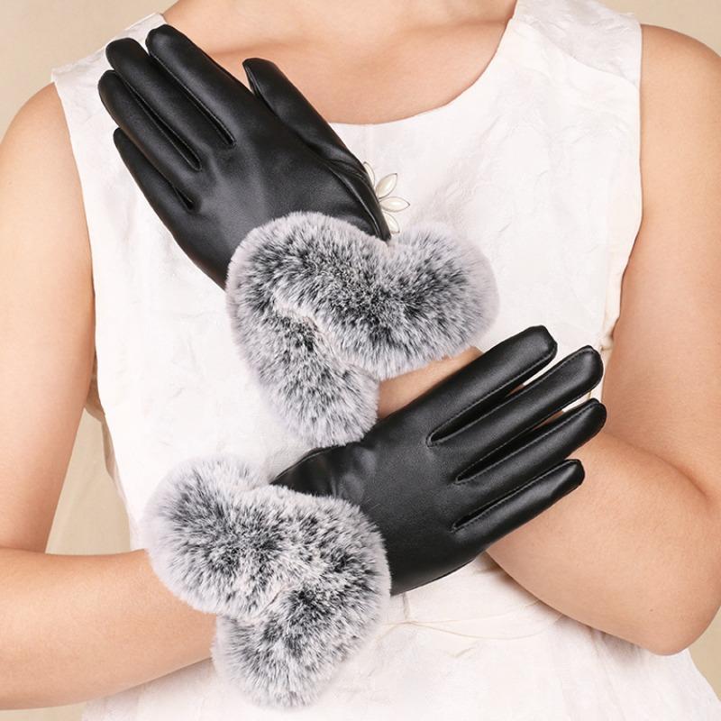 Warm gloves women's leather cold-proof velvet thickened rabbit fur mouth outdoor riding cold autumn and winter touch screen gloves