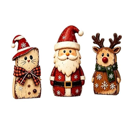 Poplar Plywood Holiday Gifts Christmas Wooden Tabletop Figurine, Hand Painted Santa Reindeer Cat Decor, Rustic Farmhouse Style Wood Ornaments Statues
