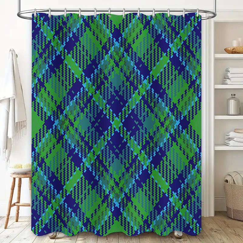 Green Plaid Shower Curtain Waterproof Bath Decor 3D Printed Blue and Green Striped Fabric