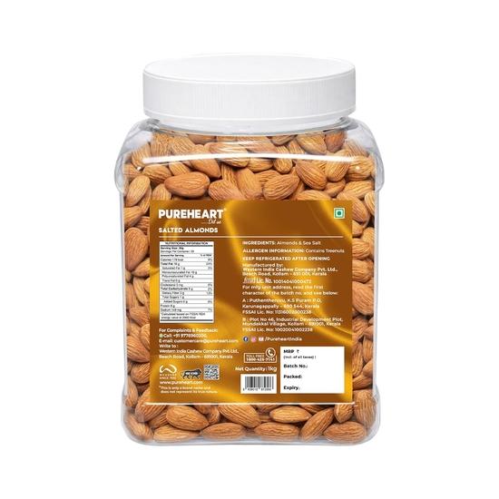 Pureheart Dry Roasted Nutreat Salted Almonds (1 kg) Natural Premium California Almond Nuts/Dry Fruit, Crunchy Salted Badam - Reusable Jar