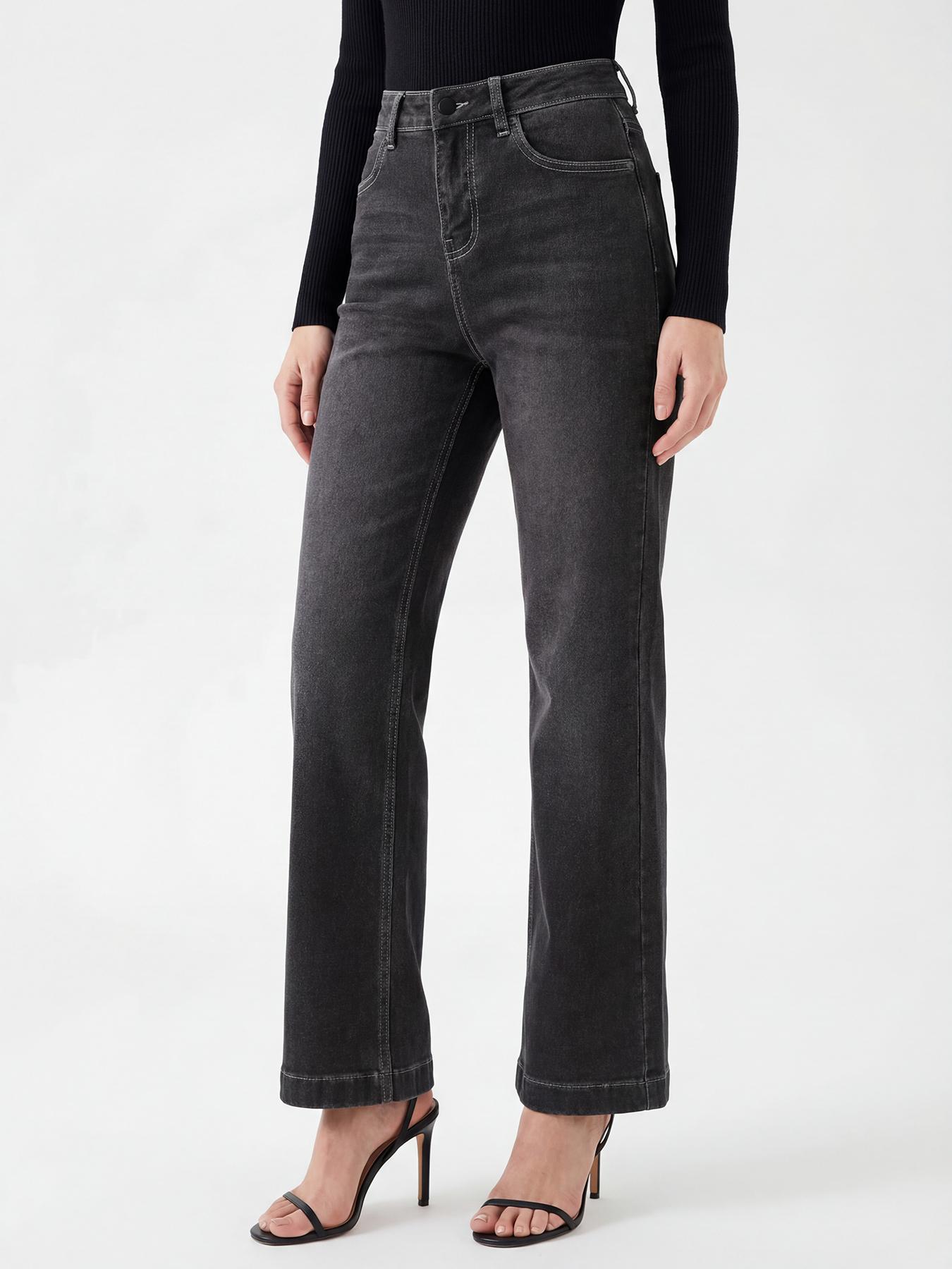 

Puffanpop Women s High Waisted Straight Leg Stretchy Jeans Black Gray Washed Wide Cuff Denim Pants Comfortable Soft Casual Long Jeans XXL чорний