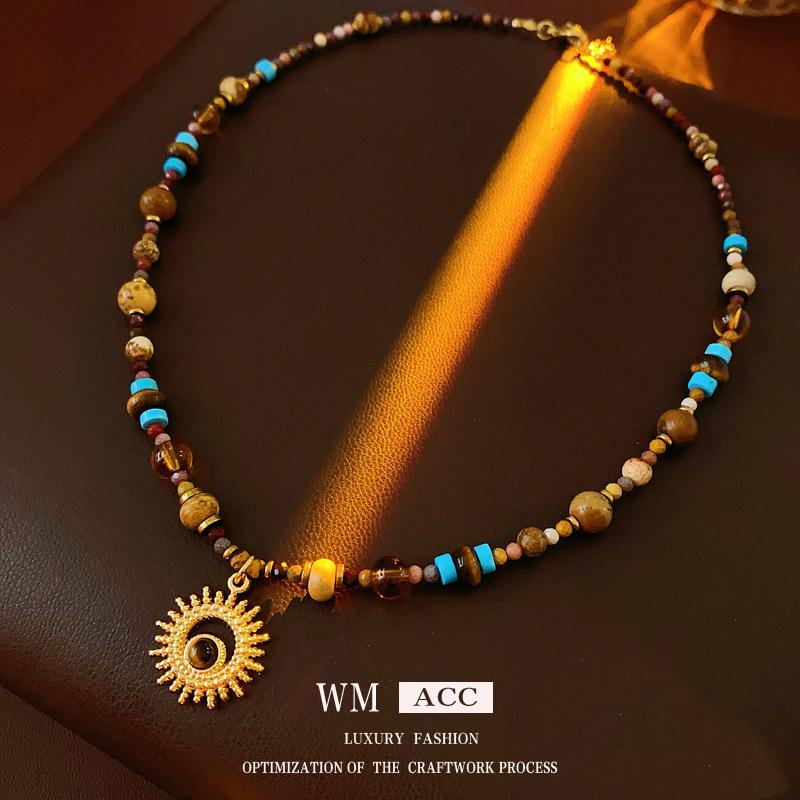 Titanium Steel Sun Necklace with Natural Stone Rice Beads - Retro Ethnic Clavicle Chain, Light Luxury Fashion Accessory
