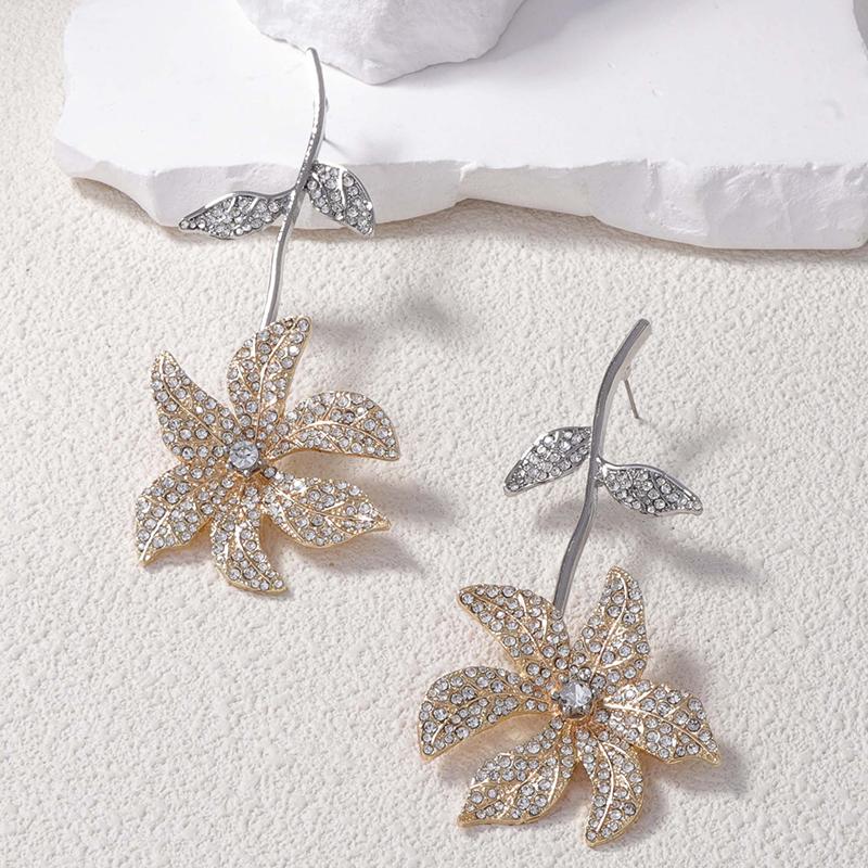 

Exaggeration Rhinestone Floral Drop Earrings Women Zircon Long Elegant Exquisite Statement Earrings Party Accessory Holiday Gift