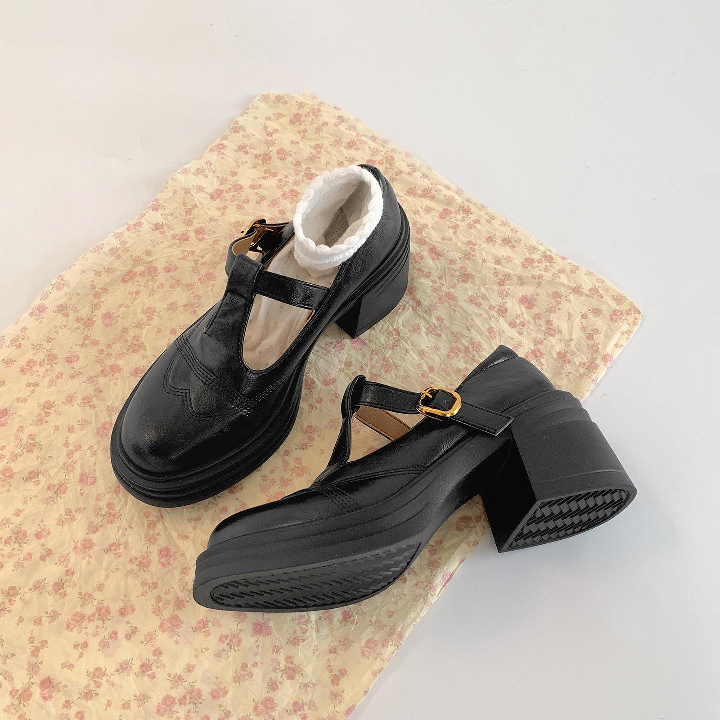 

Black French British style thick high-heeled small leather shoes women s 2025 new summer versatile skirt Mary Jane single shoes 39 чёрный