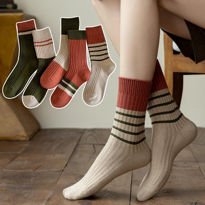 Female Autumn and Winter Thickened Warm Pure Color Cotton Color Striped Retro Tube Stack Socks