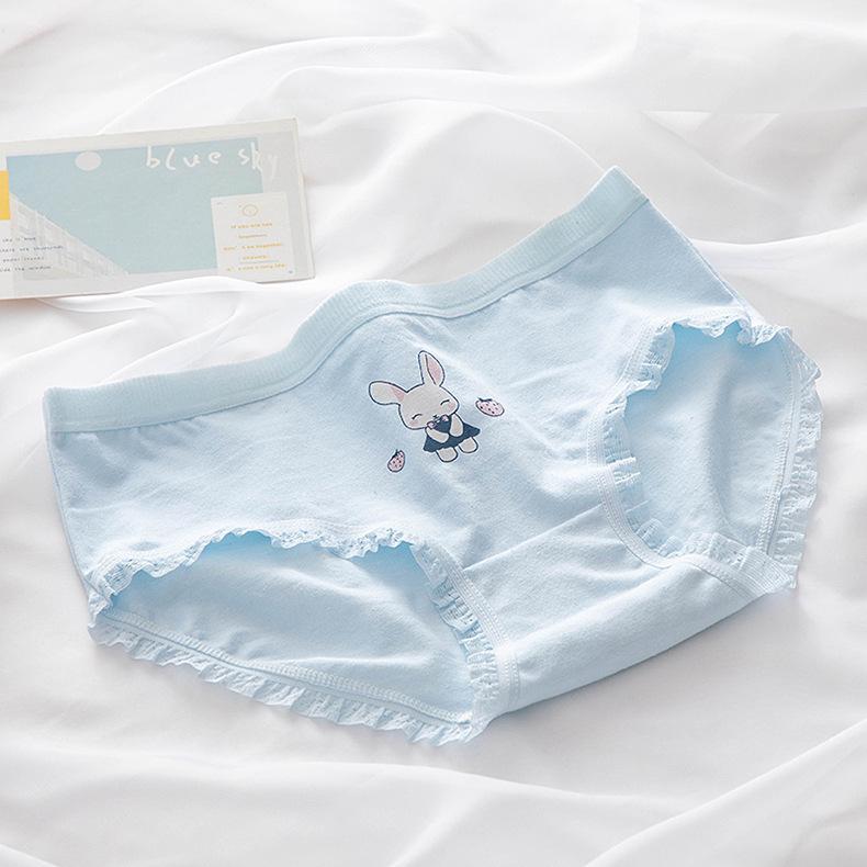 Japanese Blue Strawberry Rabbit Girl Mid-Waist Cotton Panties Medium