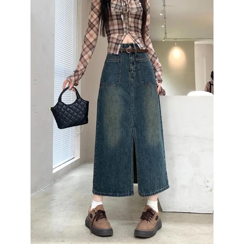 Retro Džínsová Sukňa Dámska Móda Jednoduchý Dizajn s Rozparkom Sukňa Strednej Dĺžky Všestranná Slim Fit Dámska Sukňa