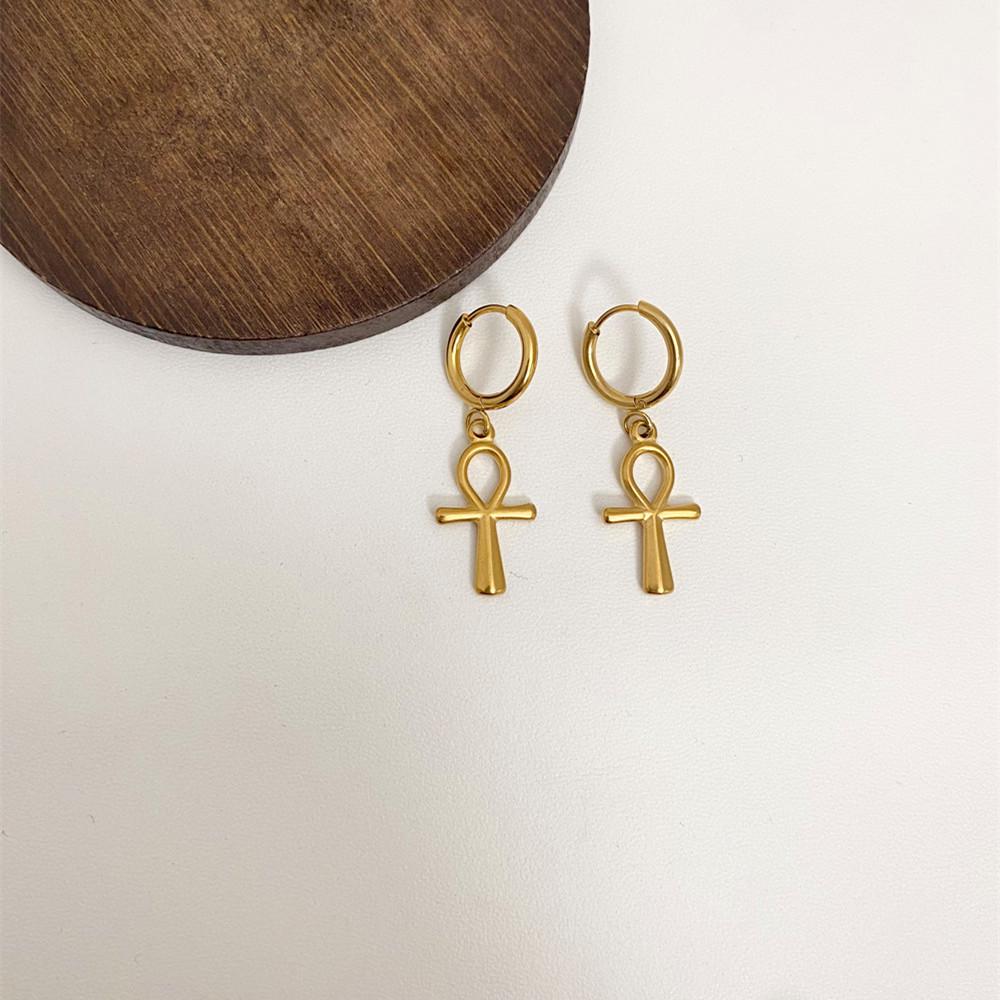 Personalized Angel Cross Stainless Steel Earrings for Women, 18K Gold Plated Pendant