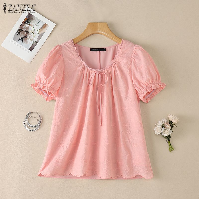 ZANZEA Damen Lässige Runde Halslinie Lockere Sommer Kurzarm Bluse