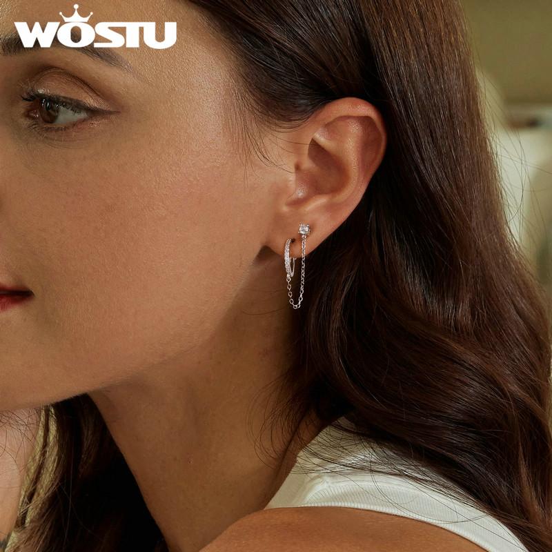 WOSTU 925 Sterling Silver Wedding Zircon Ear Stud Clip For Women Simple Shiny CZ Ear Buckle Earrings Party Pendiente Accessories