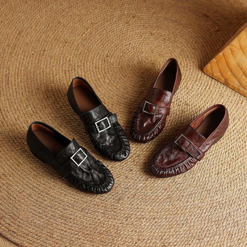 Krazing Pot Cow Skin Spring Summer Size 40 Loafers Thick Low Heels Pleated Decoration Women Round Toe Leisure Pumps