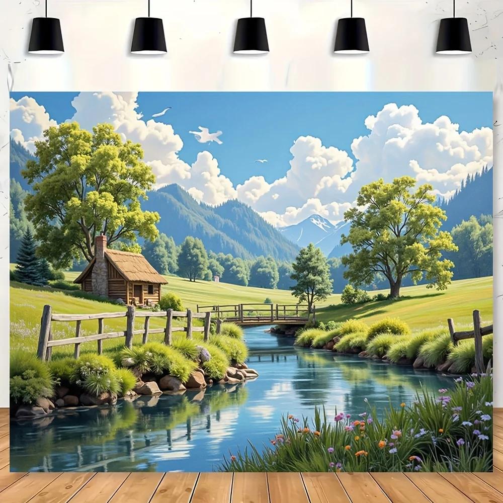 VIKAMA Large Rural Landscape Wall Tapestry Serene Countryside Mural Tapestry Stone House And Greenery Decorative Tapestry 74x94cm(29x37in)