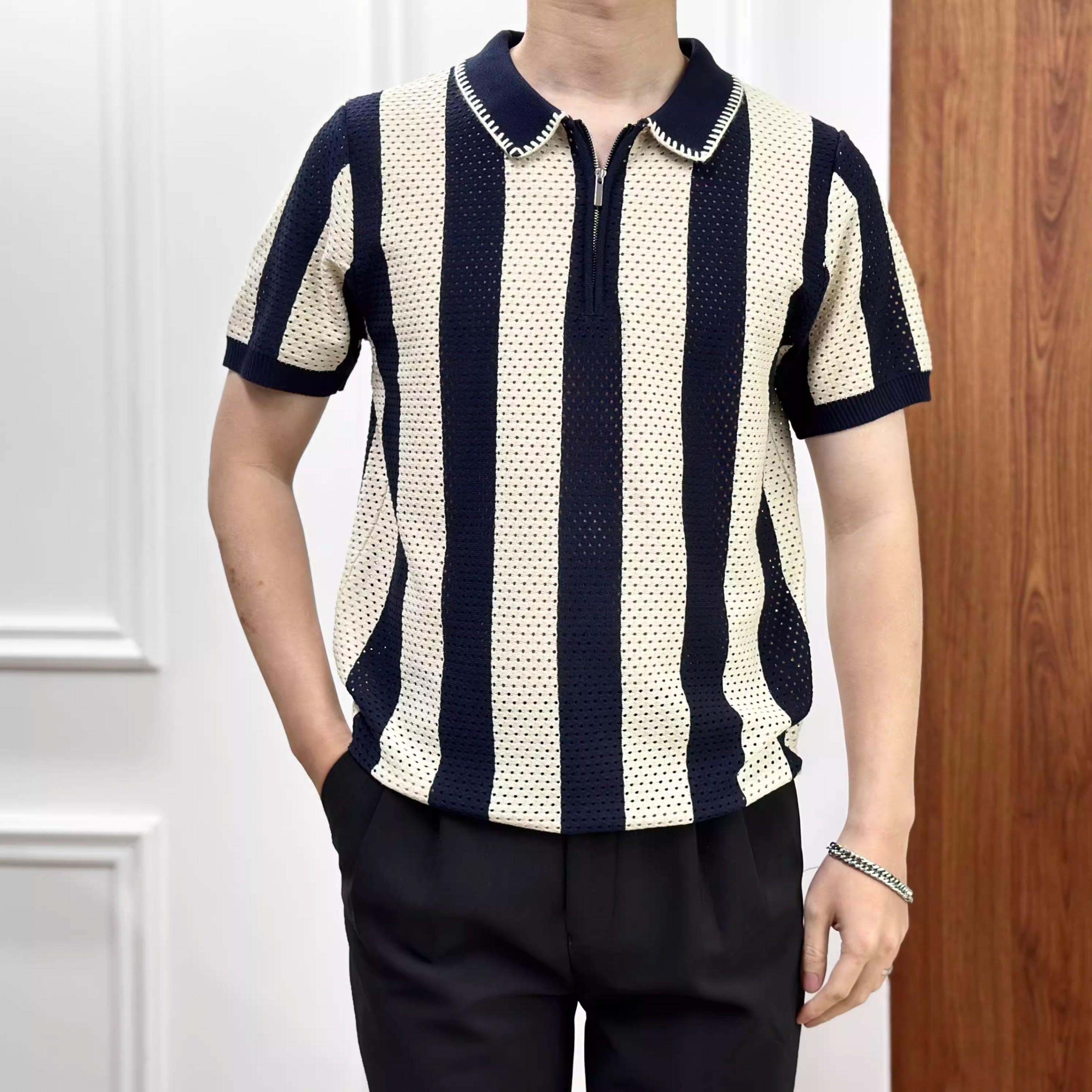 

Мужская футболка поло в корейском стиле с полым сетчатым колор-блоком и полосками, летняя повседневная вязаная футболка поло с коротким рукавом 3XL сапфир синий