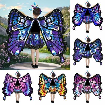 Schmetterlingsumhang für Kinder, Performance, Cosplay, buntes Feenflügel-Kostüm mit flatternden Ärmeln, mehrlagigem Saum, Karnevalsrock, Halloween-Stirnband, Maske