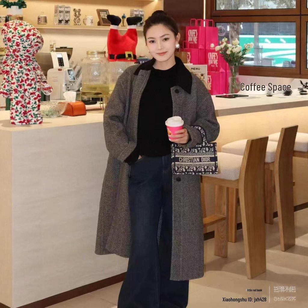 IC Xiaohe 2025 Herbst Damen Wollmischung Tweed Langer Mantel