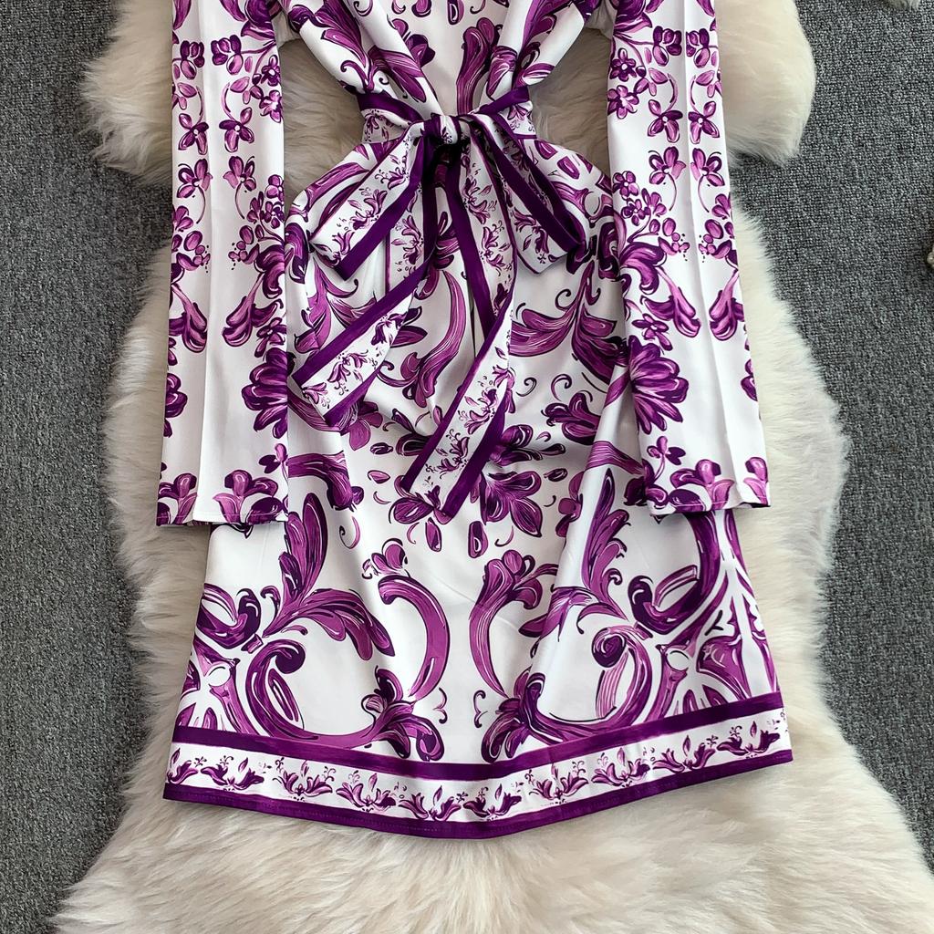 Spring Autumn Women Vintage Blue and White Porcelain Print Designer Runway Dress Full Sleeve Knee Length Party Dresses