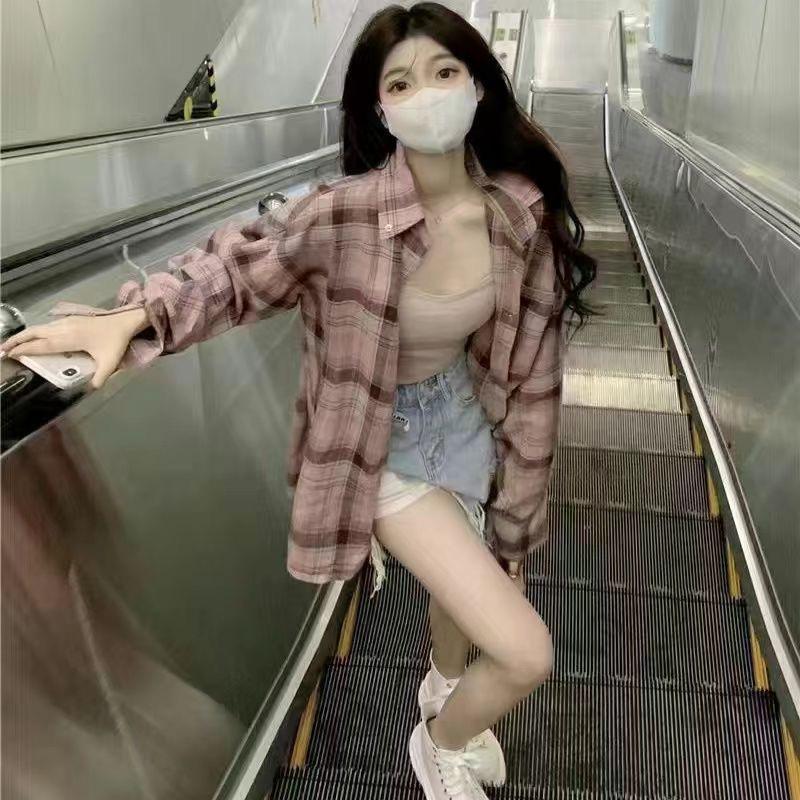 Women's Hong Kong Retro Plaid Loose Long-Sleeve Shirt for Spring/Autumn
