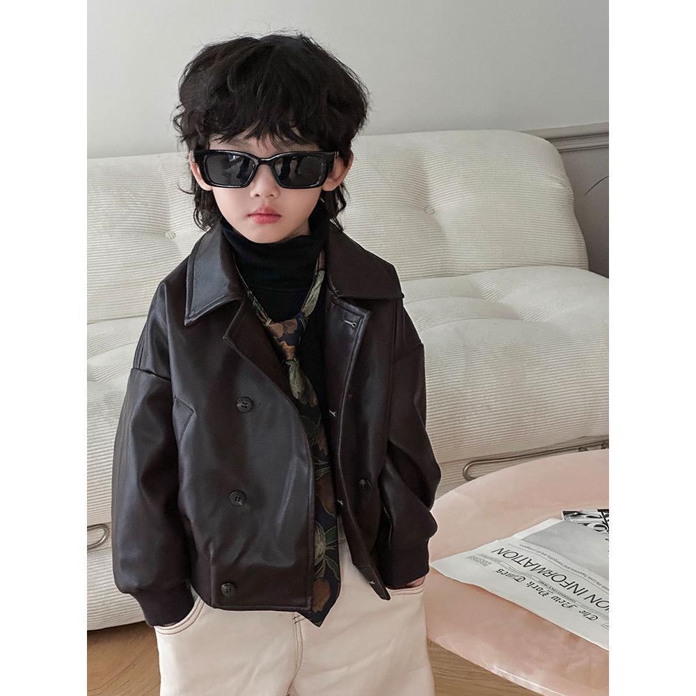 

Кожаная куртка двубортная для родителей и детей - Мальчики и девочки корейский мотоцикклетный стиль на осень/зиму 90