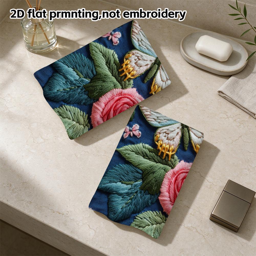 Dark Blue Rose And Moth Embroidery Towel, Soft Absorbent Quick-Dry Retro Botanical Shower Bath Towel