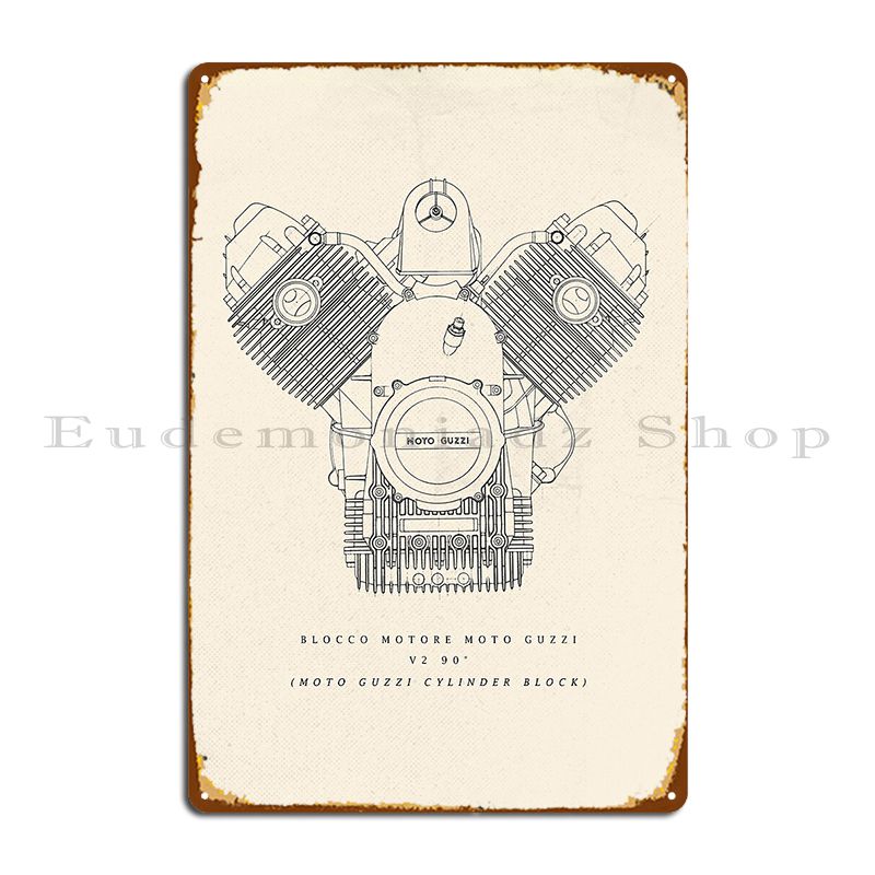 

Moto Guzzi Engine Technical Drawing Italian Motorcycle Old Garage Metal Plaque Poster Retro Wall Decor Cinema Customized Create 20x30cm