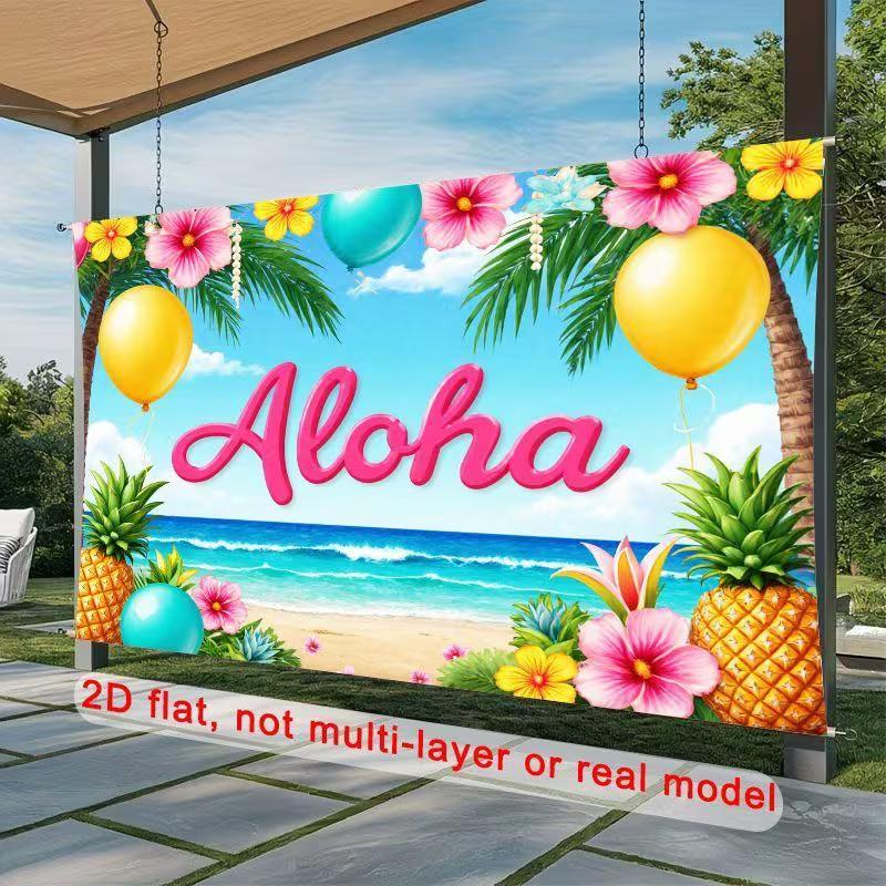 2D Luau Party Background, "Aloha" Tropical Beach & Hibiscus 2D Decor