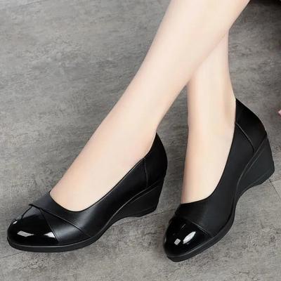 Women Light Weight Wedge Heel Comfort Spring & Autumn Shoes Lady Casual Sweet Home & Outside Black Leather Pumps E1419