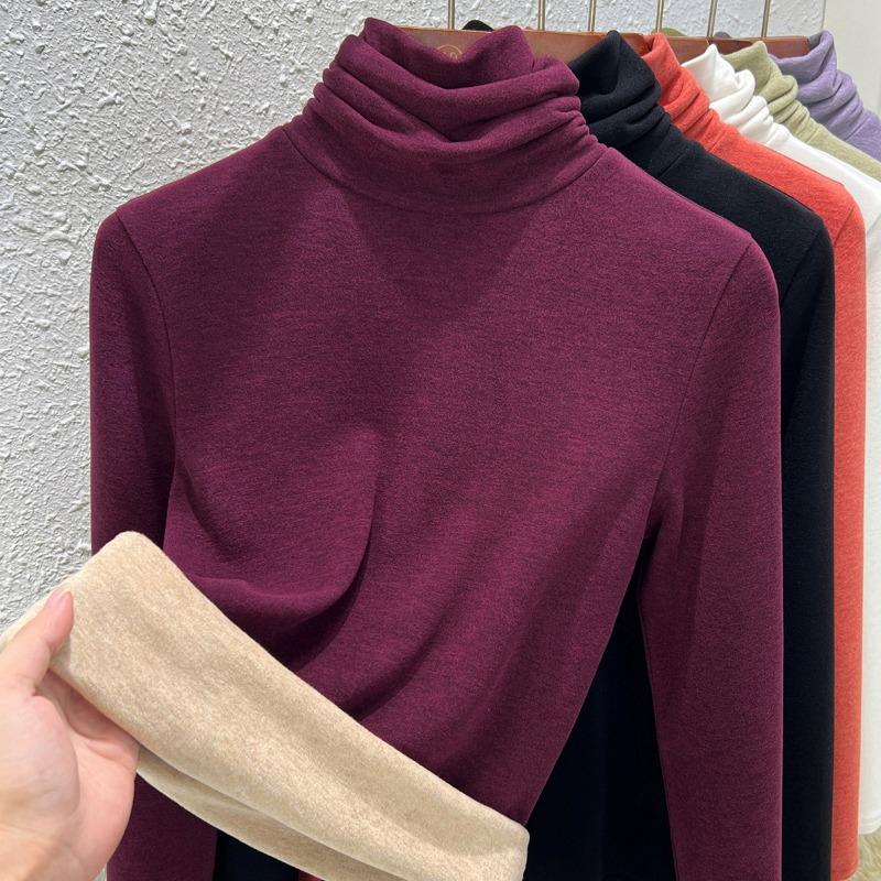 Pile Collar Bottoming Shirt Women's Autumn and Winter Turtleneck Cashmere Mulberry Silk German Velvet Piled Thickened Inner Top