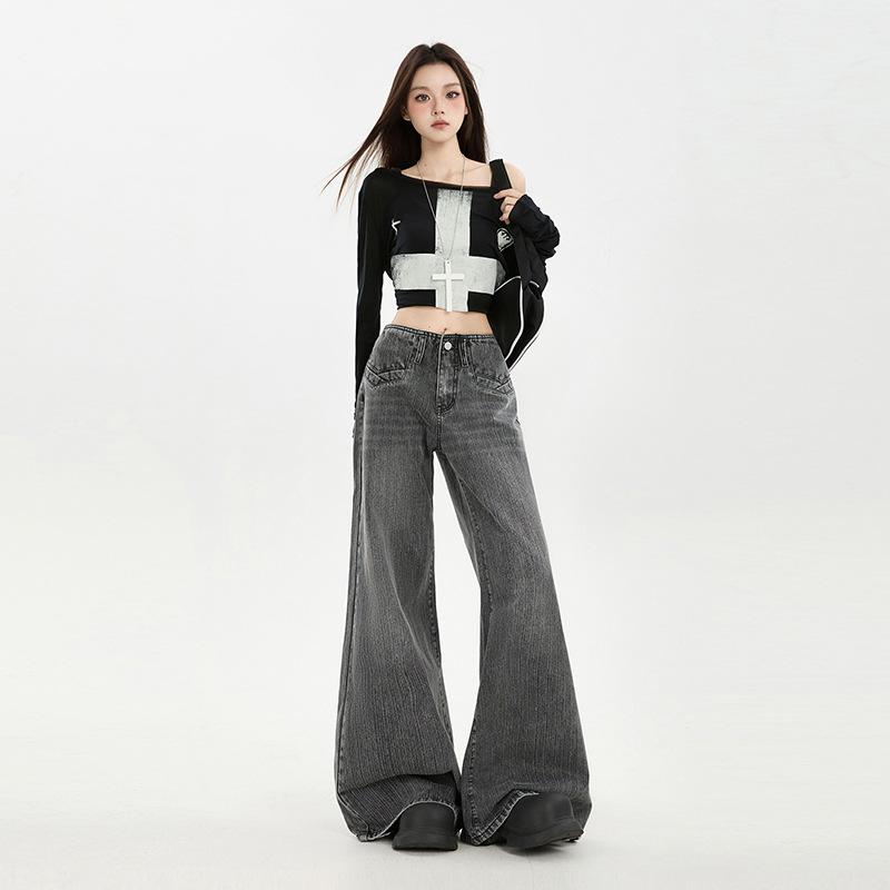 Gray slightly pulled jeans women's autumn and winter new high waist loose and thin versatile pants without legs flared pants